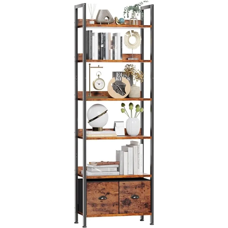 

Furologee 6-Tier Bookshelf,Tall 71"Rustic Bookcase with 2 Drawers Storage Organizer,Industrial Display Free Standing Shelf Units