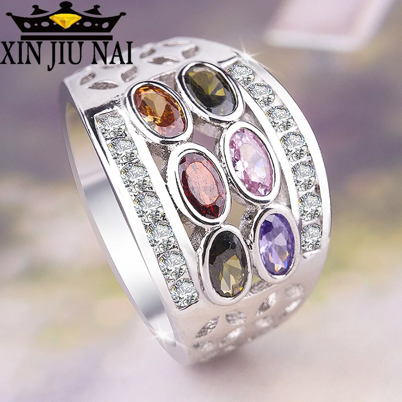 

Mystery Female Rainbow Oval Ring Boho 925 Silver CZ Stone FingerOlive Green Ruby Sapphire Inlay Ring Vintage Party For Women