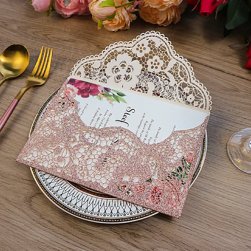 

(10 pieces/lot) Rose Gold Glitter Pocket Wedding Invitation Card Laser Cut XV Birthday Engagement Invite Greeting Cards IC149