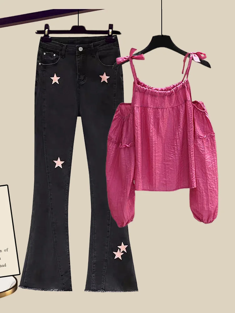 

Женский летний комплект из двух предметов, Свободный Топ с открытыми плечами и длинным рукавом + розовые джинсовые брюки с высокой талией и принтом в виде звезд