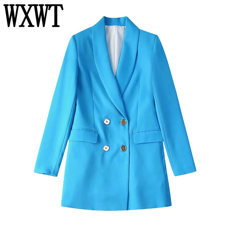 

WXWT 2022 Women Long Double Breasted Blazer Spring Long Sleeve Outerwear Ladies High Street Blue Tops BB22579