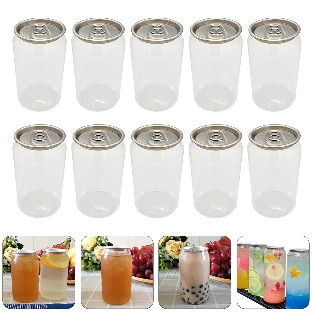 

10 Pcs Glasses Tea Cups Lids Beverage Bottle Water Clear PET Bottles Cold Jug Iced Pitcher