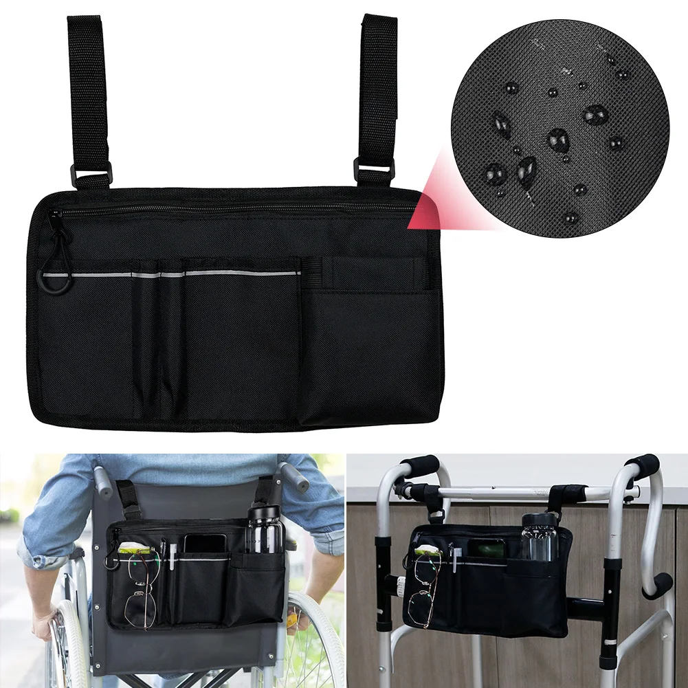 

Wheelchair Side Bag Armrest Storage Pouch with 5 Pocket Cup Holder Reflective Strip for Rolling Walker Rollator Power Wheelchair