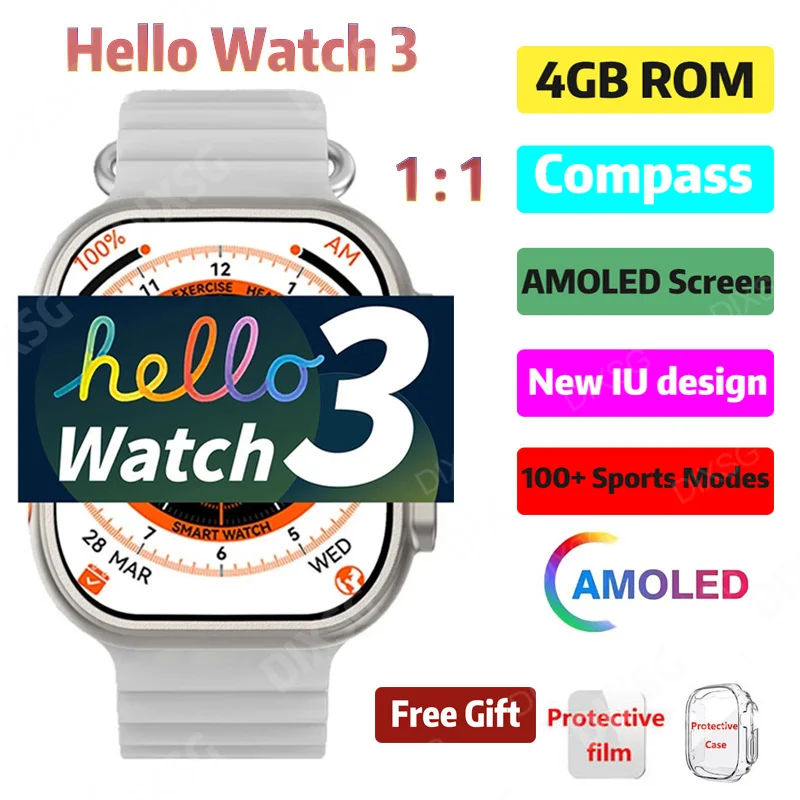 Hello Watch 3 Smart Watch Men H12 Ultra Upgrade 49mm 1:1 Series 8 Wireless Charging Compass Bluetooth Call GPS Smartwatch 4GB