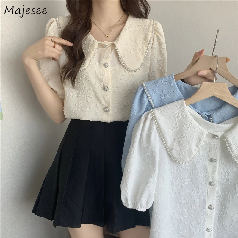 

Puff Sleeve Shirts Women Peter Pan Collar Sweet Tender Pearls Design Elegant Fashion Leisure Loose Korean Style Popular Chic Fit