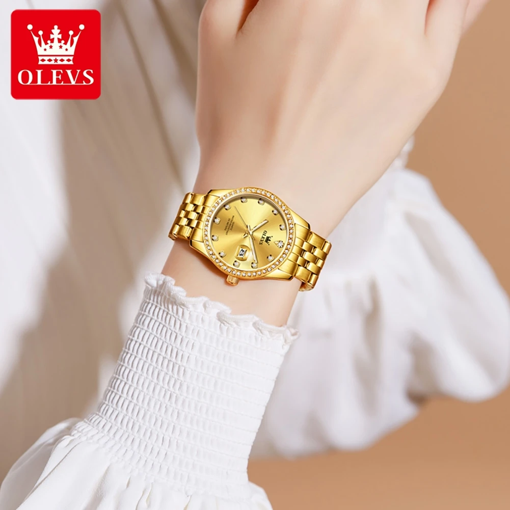 OLEVS Роскошные золотые кварцевые часы из нержавеющей стали для женщин с