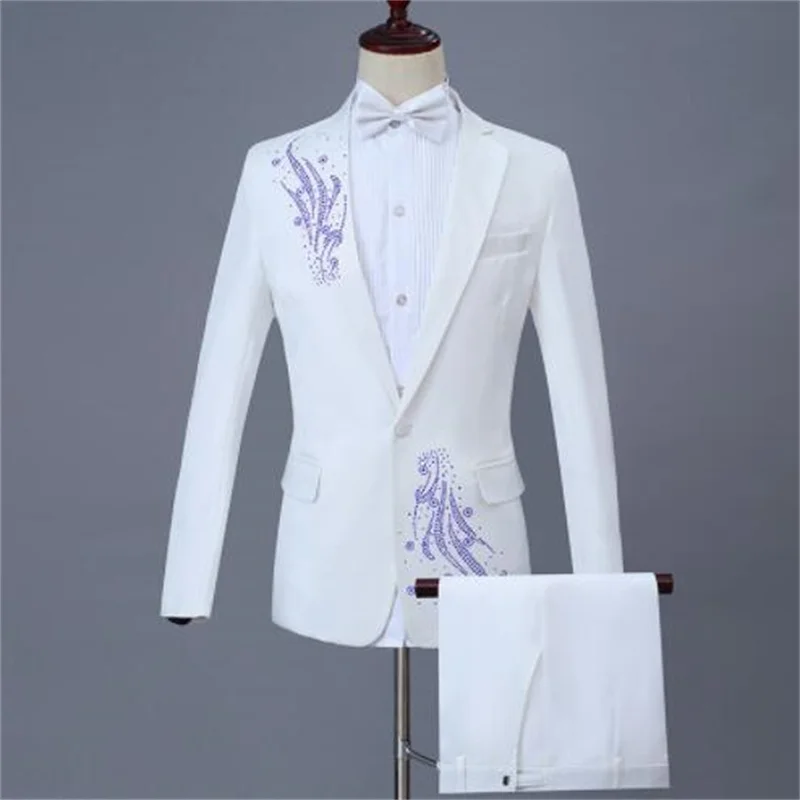 Stage suit men's blazers bright diamond jackets slim performance singer chorus masculino costume homme white fashion clothes