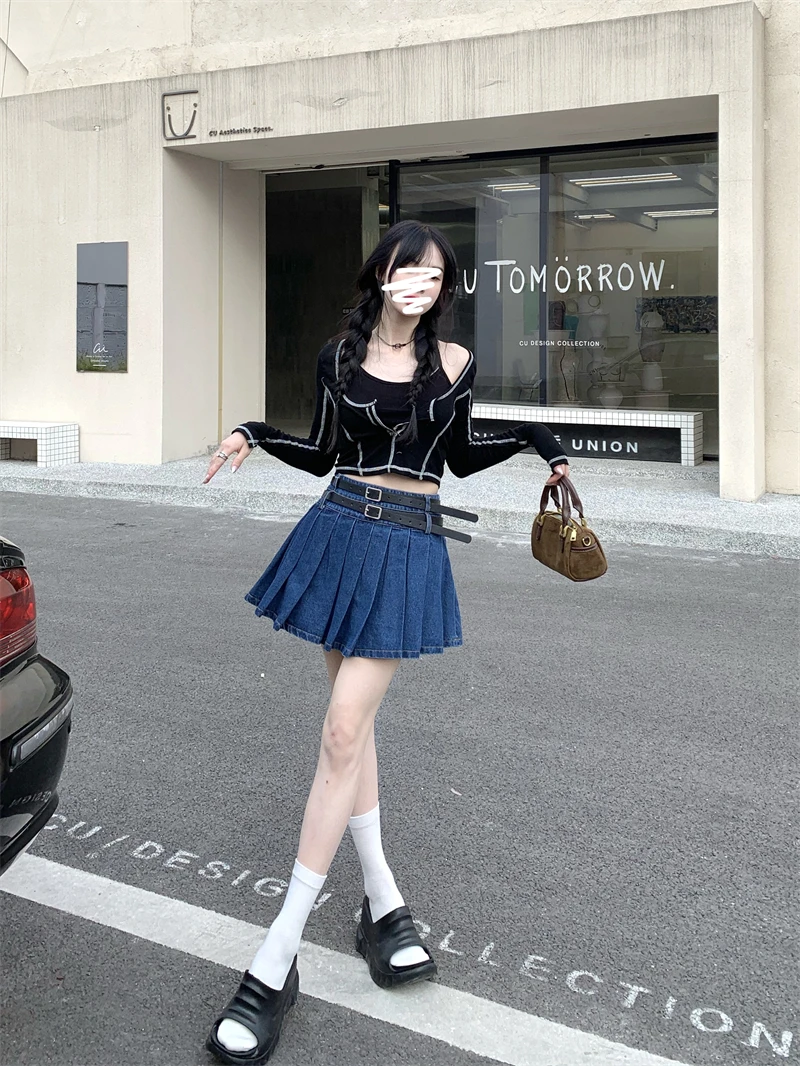 

GY2731 Design Sense 100 Pleated Denim Skirt Women's Summer 2023 New High Waist Slim Anti fade A-line Short Skirt