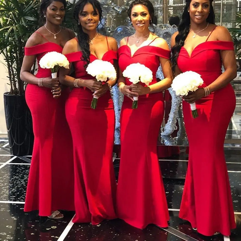 

2022 Elegant Off The Shoulder Bridesmaid Dresses Mermaid Red Satin South Africa Style Maid Of Honor Wedding Guest Gown Custom