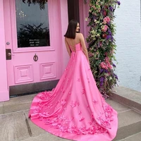 sumnus 2022 spaghetti straps pink prom dresses a line v neckline backless floor length 3d flowers evening dress robes de soiree