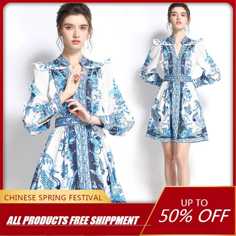 

High Qualitywomen Long Sleeve Autumn Causal Dress Vintage Style Print V-neck Slim Elegant Fashion Polyester A-LINE Mini Dress