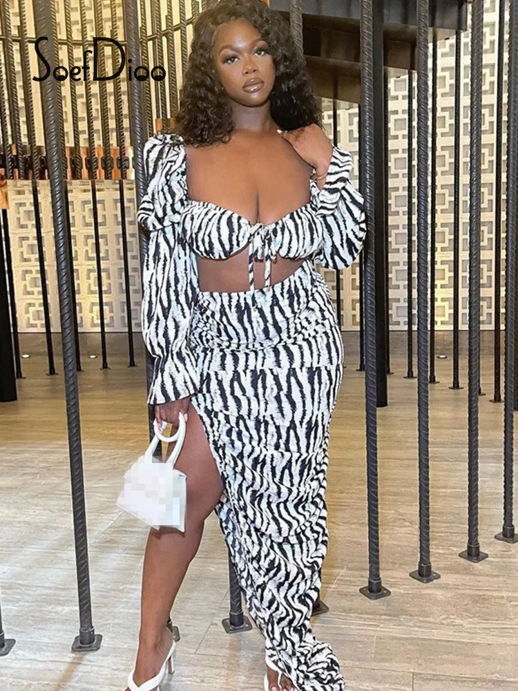 

Женский комплект из 2 предметов Soefdioo, летний топ с длинным рукавом и длинная юбка с высоким разрезом, осень 2022