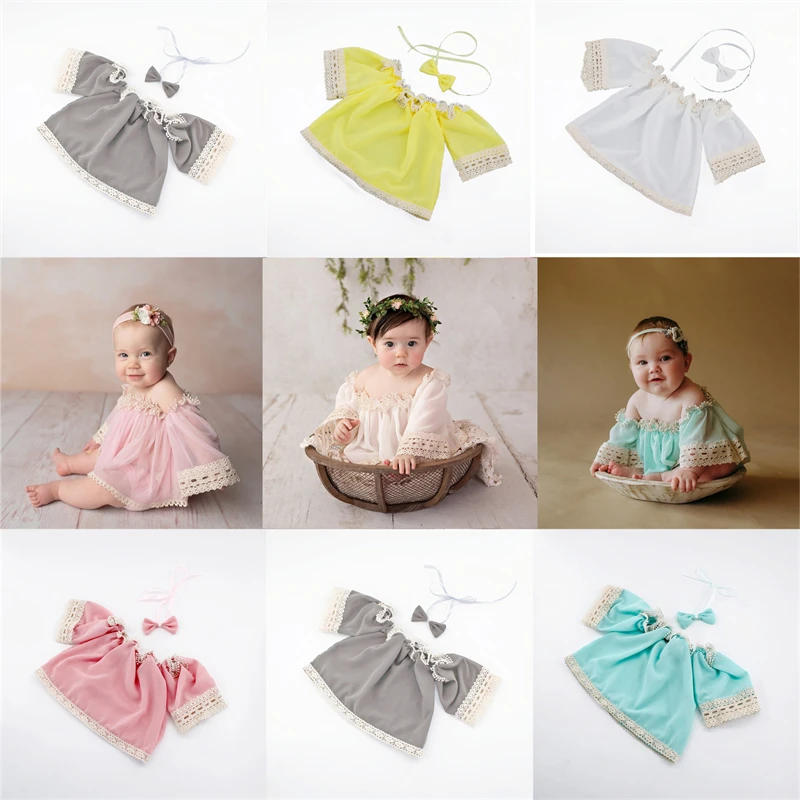 Newborn Girls Blouse Chiffon Off Shoulder Summer Top Photography Clothing Tassels With Bow Headband Baby Photo Prop Costumes