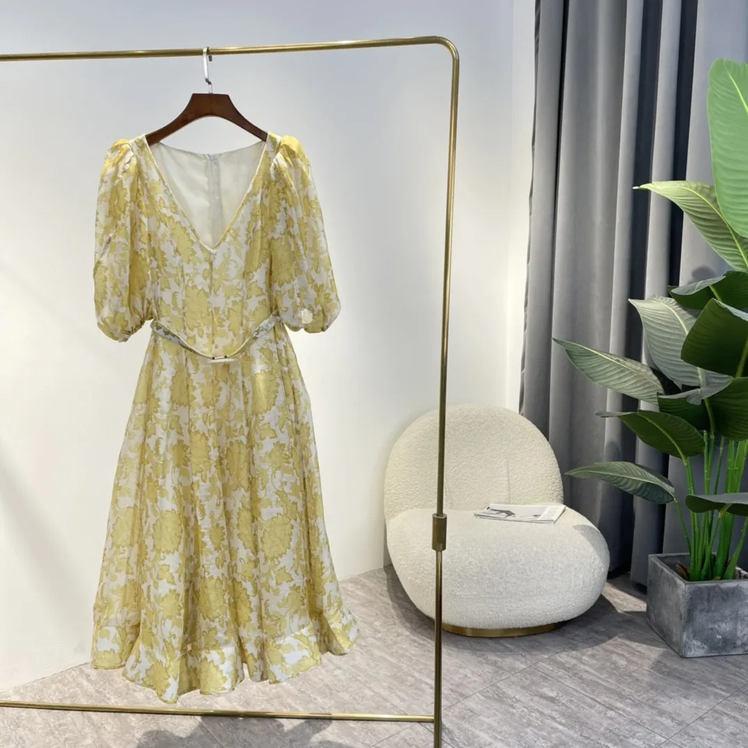 

Hot Sale High Quality 2022 Summer New Silk Linen Blend Half Lantern Sleeve Ladies Elegant French Dress Women