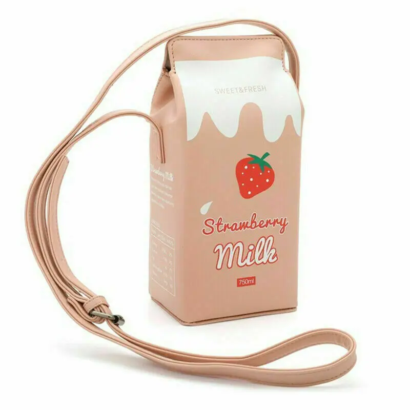 Women Girls Kawaii Milk Box Carton Purse Pu Leather Portable Handbag Crossbody Shoulder Bag