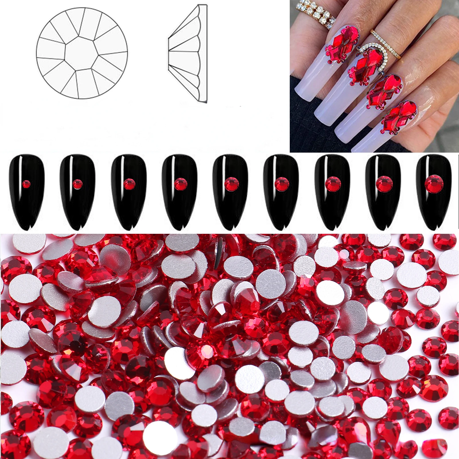 

1440Pcs Red Nail Rhinestones Flat Bottom Nail Supplies Round Diamond SS4 SS6 SS8 SS10 SS12 SS16 Light Siam Glue Crystals