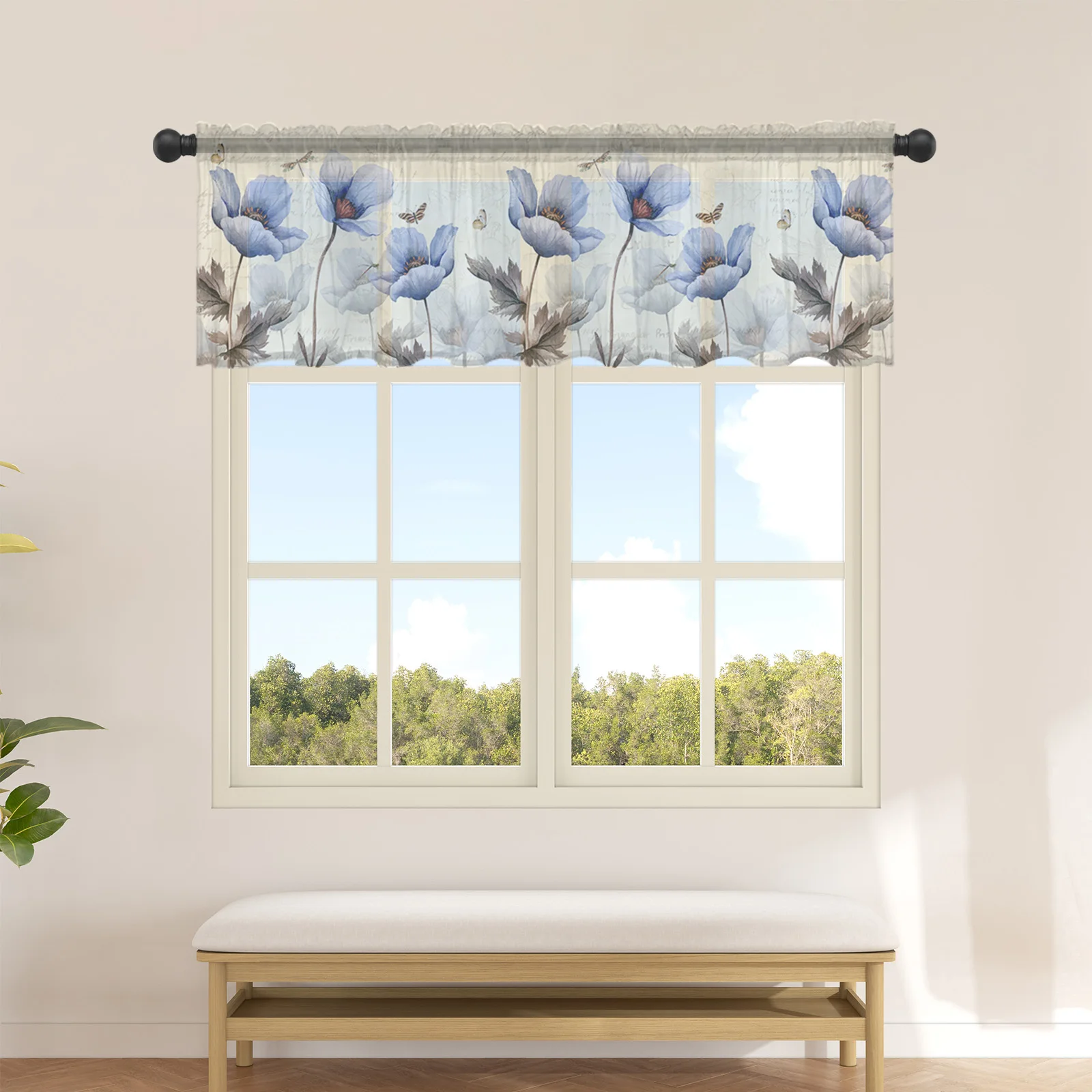 

Rustic Vintage Blue Flower Dragonfly Short Tulle Curtains for Kitchen Cafe Sheer Voile Half-Curtain for Bedroom Doorway