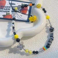 trendy acrylic resin yellow smiley duckling butterfly square geometric creative beaded mobile phone chain lanyard female jewelry