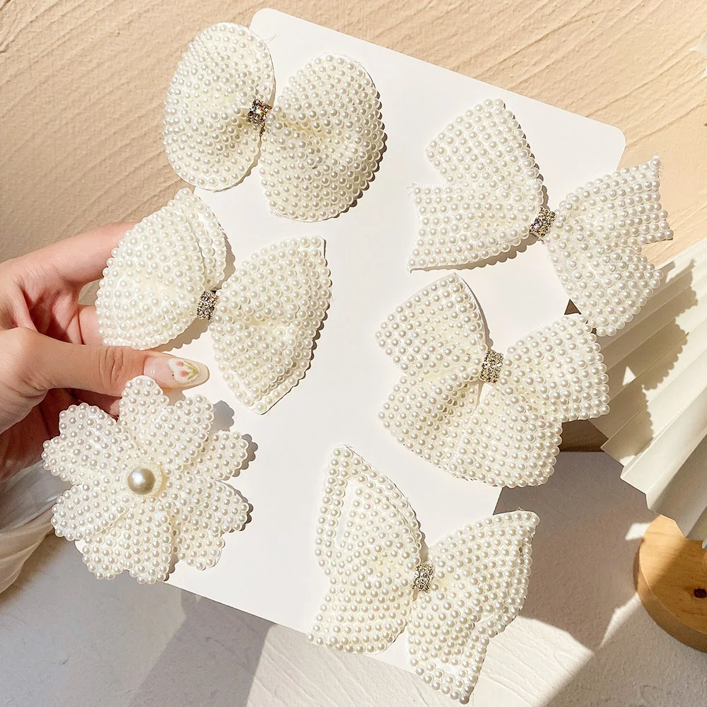 

New White Pearl Hair Bows With Hair Clips For Girls Kids Boutique Layers Bling Rhinestone Center Bows Hairpins Hair Accessories