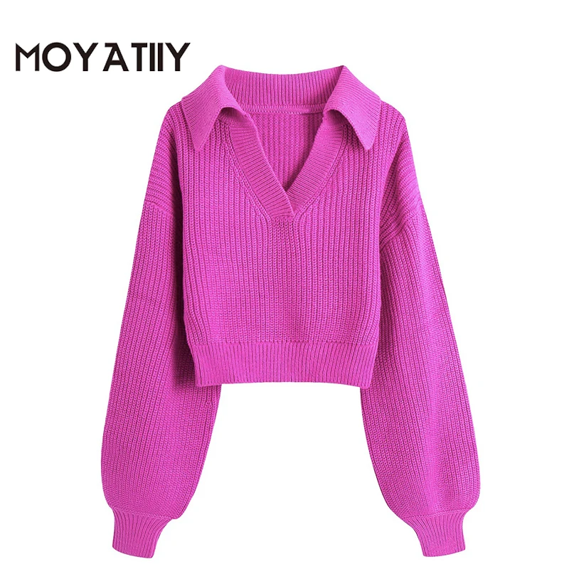 

MOYATIIY Women 2022 Fashion Oversize Knitted Sweater Vintage Short Style Rose Red Pullovers Lartern Sleeve Female Tops