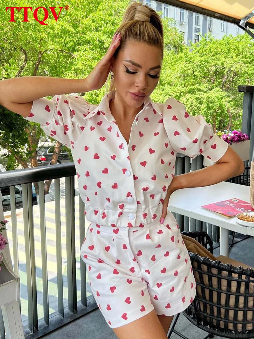

TTQV Casual White Print Sets For Women 2 Pieces Elegant Short Sleeve Button Shirts And High Waisted Shorts Sets Female Clothing