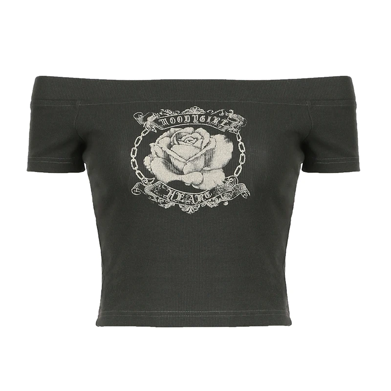 Rapcopter Y2k Винтажный Топ С Принтом Женская Футболка Короткими Рукавами И Вырезом