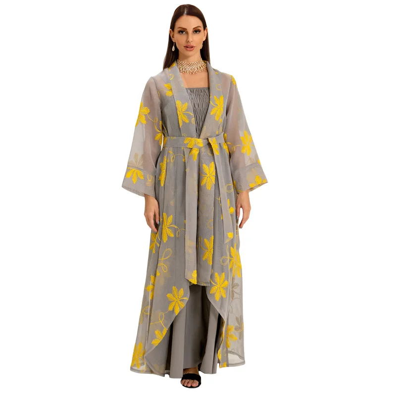 Arabic Two Piece Dress V Neck Gray Lace Yellow Embroidery Belt Robe Arabe Long Dresses For Women Muslim