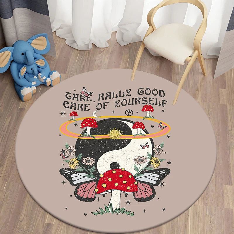 Retro Art  Kawaii Printed Round Carpet for Living Room Rugs Camping Picnic Mats Flannel Anti-Slip Rug Yoga Mat stranger things