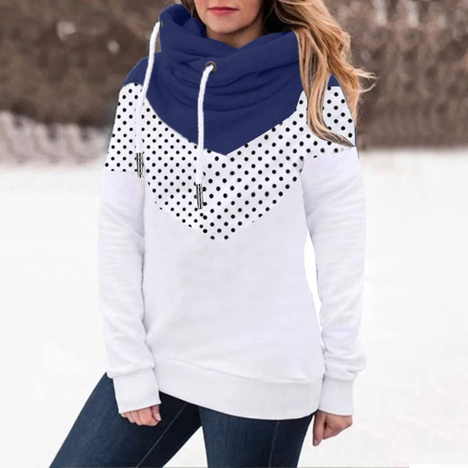 

Hoodie Tops Long Casual Polka Sleeve Printing Contrast Women's Dot Sweatshirt Women's Blouse Womens Sweater Zip Women Hooded