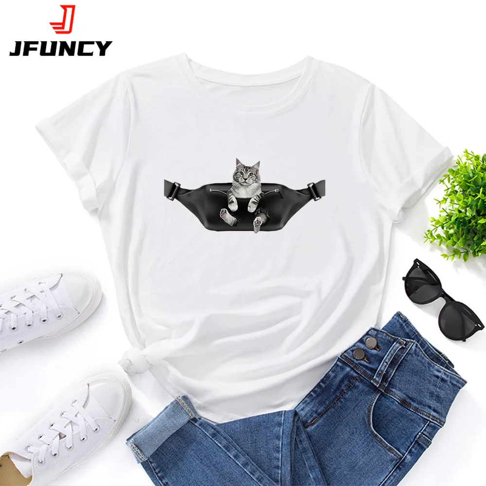 JFUNCY Cute Cat Printed Oversized T-shirts Women's Fashion Tee Shirts 2022 Woman Short Sleeve Tshirt Tops Summer Female Clothing