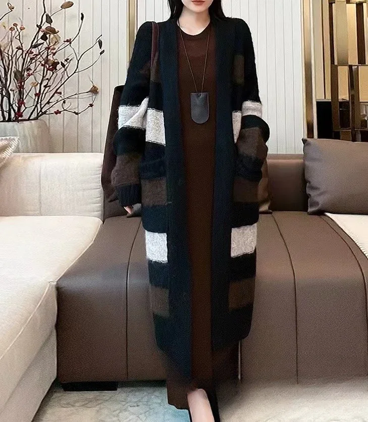 Женский полосатый свитер черный кардиган вязаный свободный весна-осень