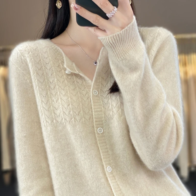 

2023 ANNIDAIBEI 100 Wool Knitted Cardigan Sweater Women's Summer New Round Neck Long Sleeve Coat Loose and Slim Bottom Top