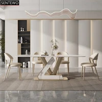 SENTEWO Free Shipping Luxury Dining Table and Chair Italian Rock Board Top Dining Table Set  Golden Frame Kitchen Furniture