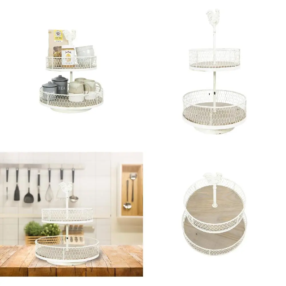 

Chic Farmhouse White Metal and Natural Wood Rooster Basket Display Rack for Organizing and Storing Items.