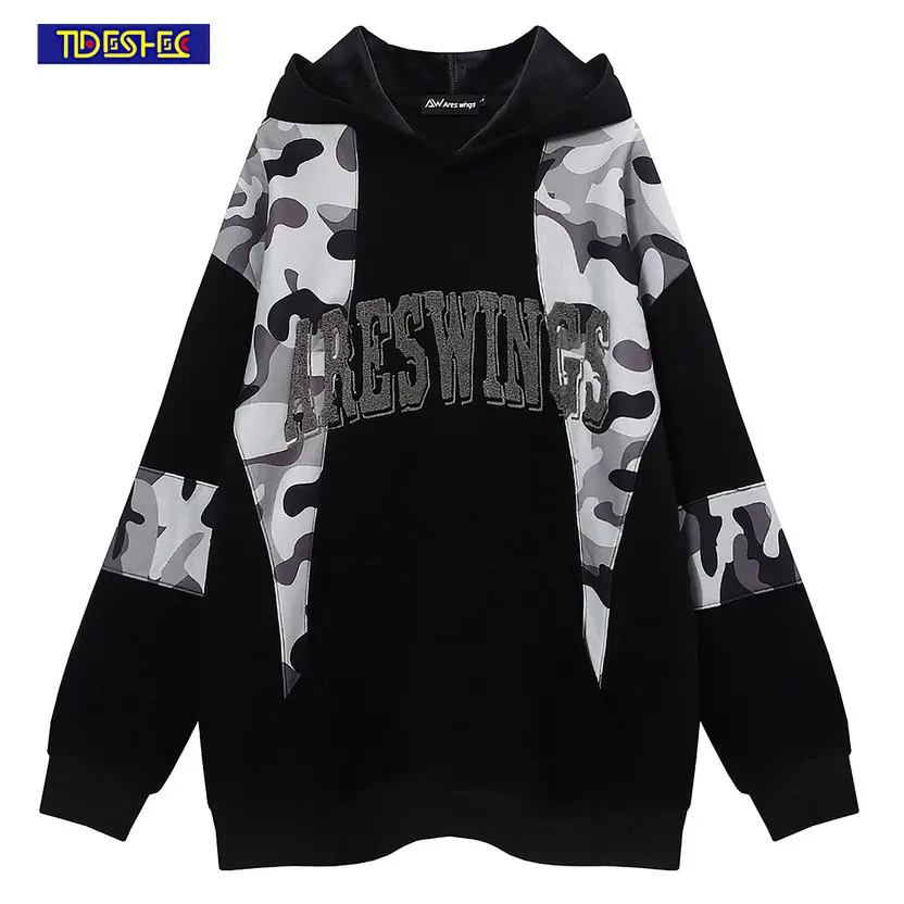 

Fashion Vintage Camouflage Thickened Hoodie Men Letter Towel Embroidery Hooded Harajuku Hip Hop Casual Women Couples Pullover