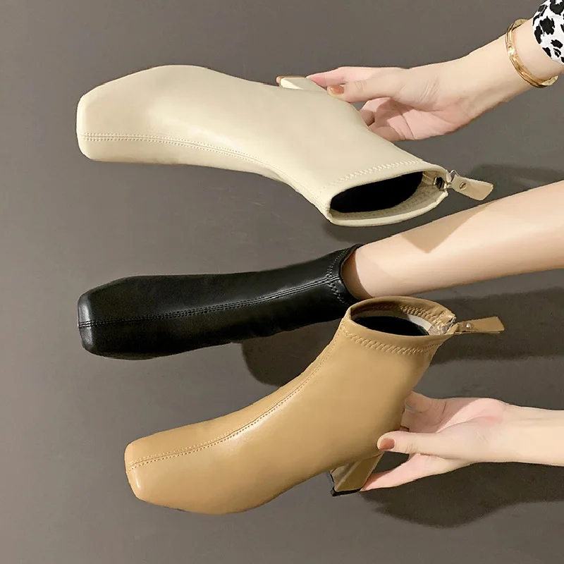 Winter Womens Heels Black Zipper Mid Calf Boots Pu Leather High Heel Ankle Boots Female Fashion Chelsea Boots Zapatos De Mujer