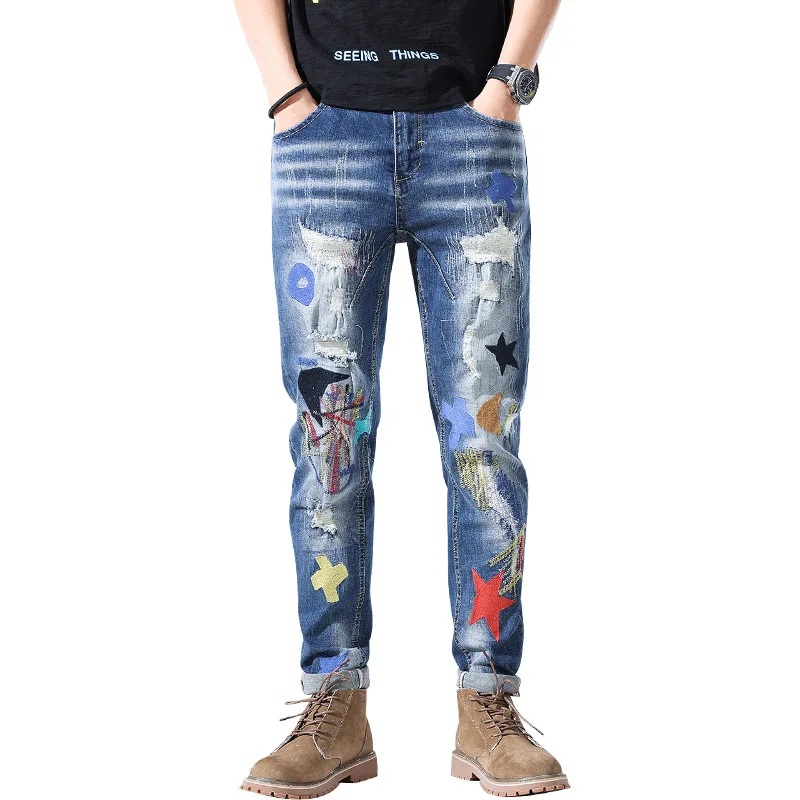 Korean Style Jeans Mens Jeans Dirty Ripped Denim Pants Embroidery Hole Jeans Slimming Long Pants Ripped Jeans