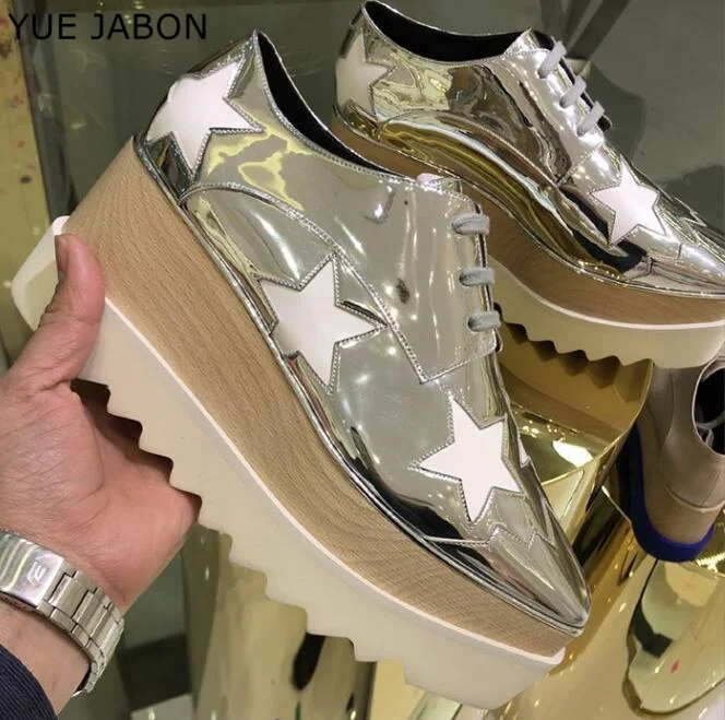 Женские туфли из натуральной кожи бежевые повседневные на танкетке толстой