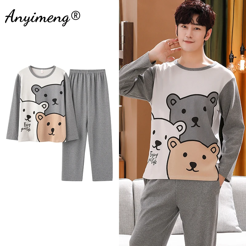 Conjunto de Pijama informal de algodón para hombre, ropa de dormir de manga larga con estampado de oso Kawaii, de dibujos animados, de talla grande, para otoño, nuevo