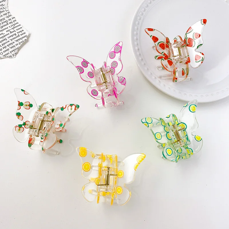 

2022 New Korea Summer Serie Fruit Printing 6cm Butterfly Hairpin Accessories Acrylic Hair Claw For Women Girls Gift