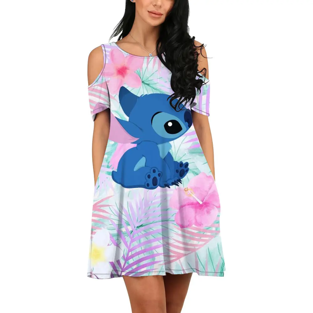 

Summer 2022 Fashion Women's Dresses Disney Stitch, Mickey & Minnie Pattern Dresses New Women's Casual O Neck Off Shoulder Dresse