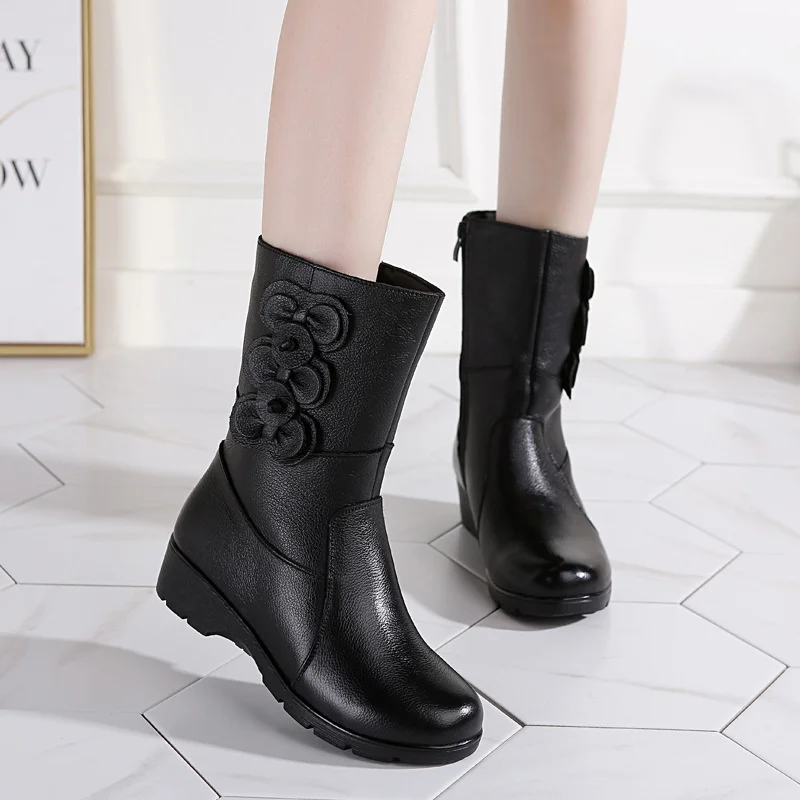 

Winter Boots Women Genuine Leather Shoe High Quality Mid-calf Boots Platform Wedge Boots Warm Retro Booties Botas Invierno Mujer