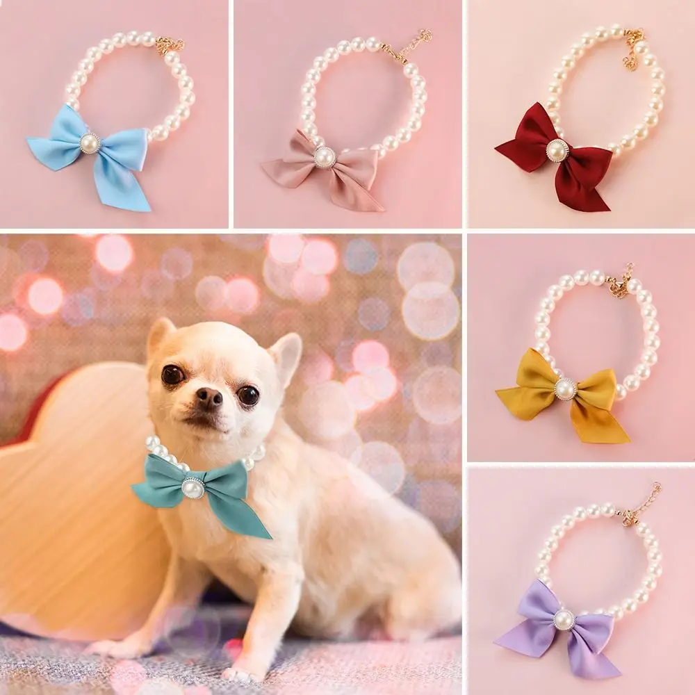 

Pet Collars Kitten Dog Bell Necklace Jewelry Pearl Lady Bow Adjustable Pet Collar Elegant Party Dress Up Collars