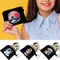 fashion wallet women wave pattern print small coin pouch keyring bag canvas female zipper coin purse organizer headset bag case