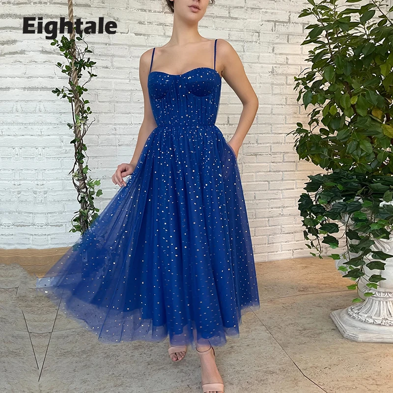 

Eightale Starry Prom Dresses 2022 Royal Blue Deep Spaghetti Strap Midi Sparkly Evening Gown Party Dress vestidos para graduación