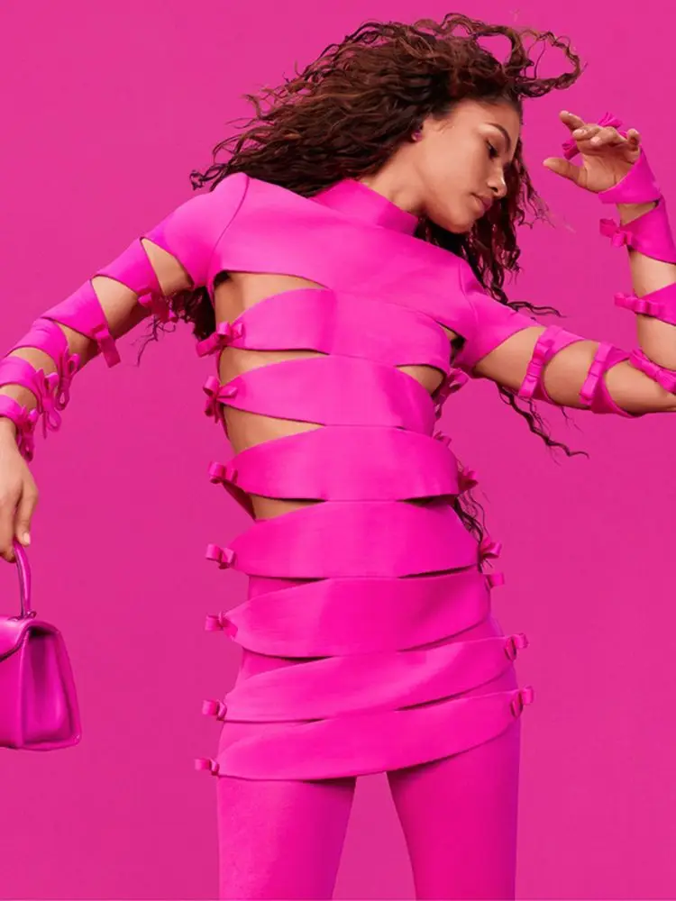 

Женское облегающее мини-платье, ажурное коктейльное платье знаменитости с длинным рукавом, круглым вырезом и бантом, осень 2022