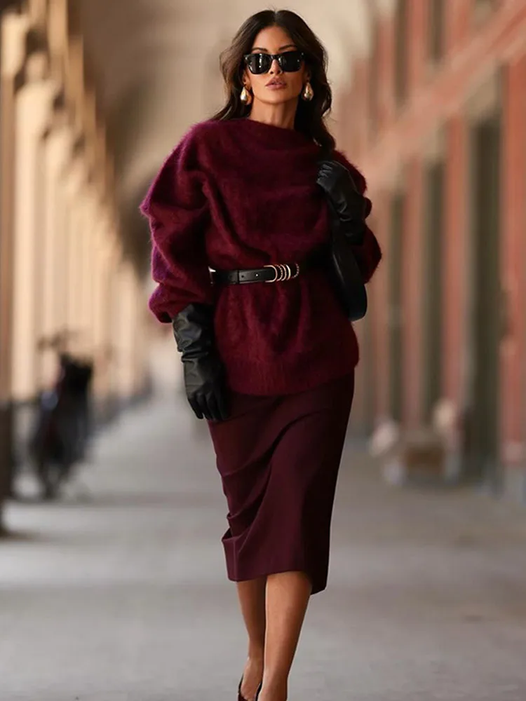 Элегантный красный мохеровый вязаный кардиган с v-образным вырезом женское