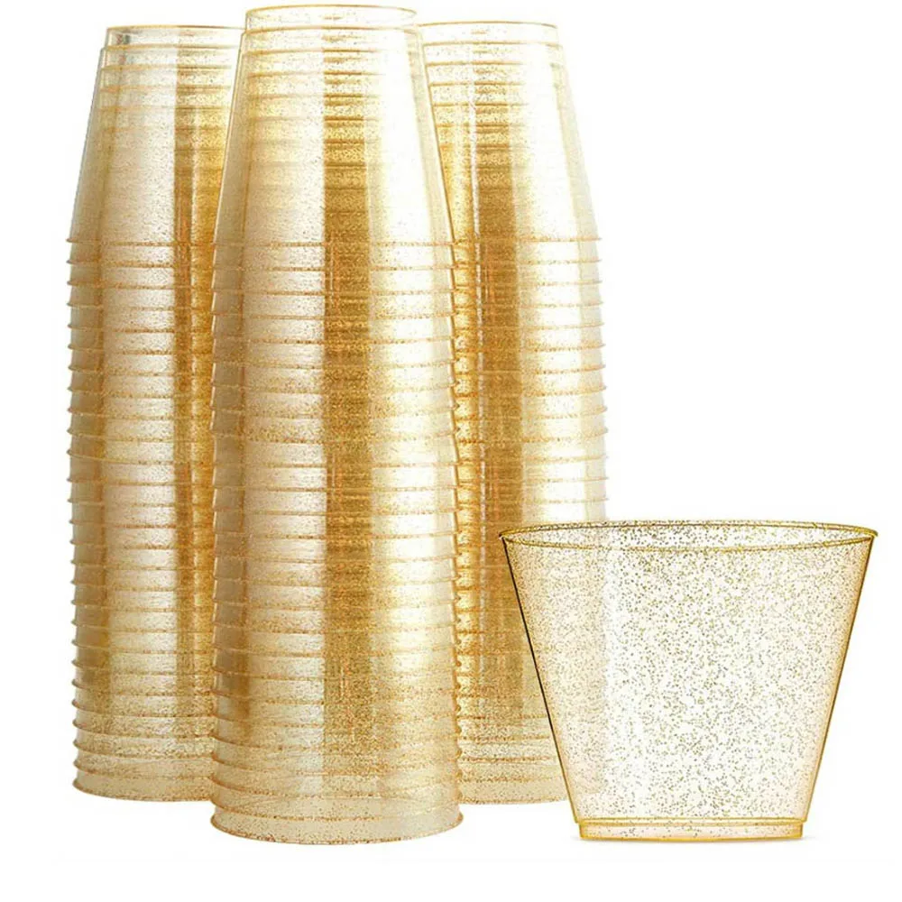 

Золотая пластиковая чашка, блестящий золотой порошок 90 унций, чашка для сока, чашка для десерта, чашка для мусса, украшение свадебной посуды