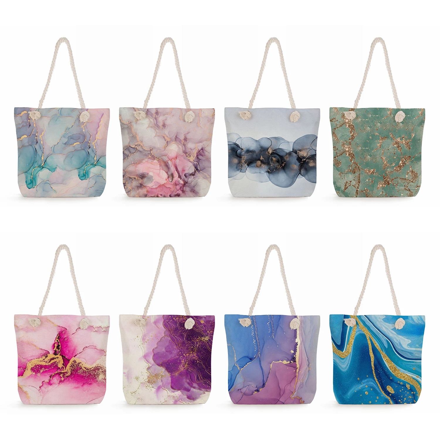 

Women Totes Fashion Travel Beach Bag Shopping Bag Eco Reusable Watercolor Marble Pattern Print Handbags Thick Rope Shoulder Bag