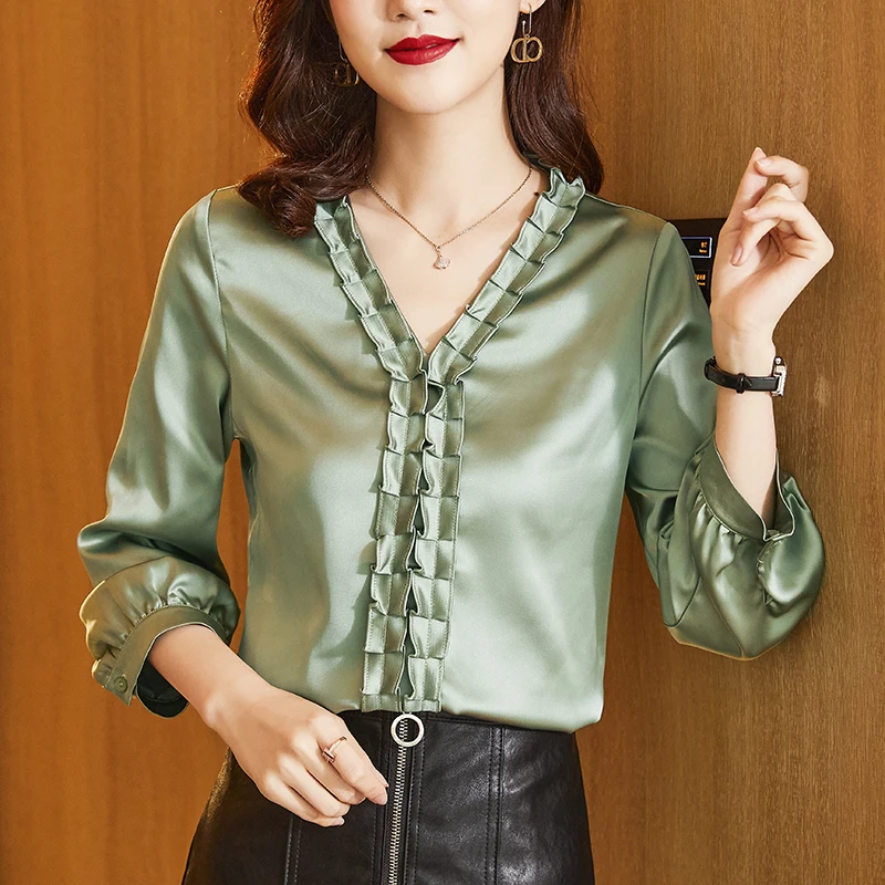 

Женская шифоновая блузка с длинным рукавом, Однотонная рубашка с V-образным вырезом, атласная блузка, базовая женская рубашка, весна 2022